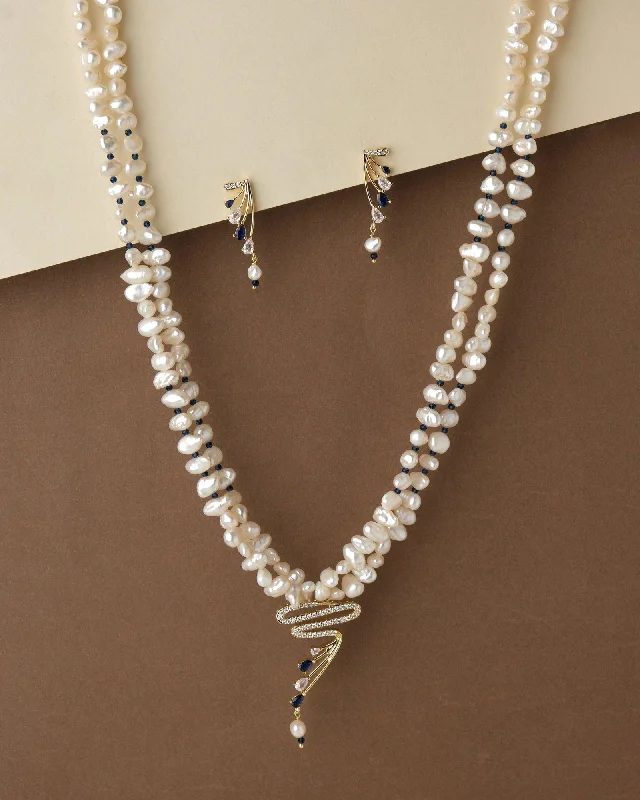 Women’s crystal pendant necklace-Zigzag Pearl Necklace Set