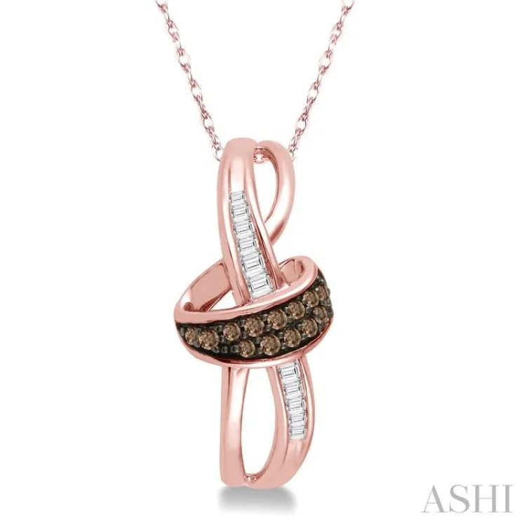 Women’s silver-plated necklace-1/6 Ctw Twirl Entwined Baguette & Brown Diamond Pendant With Link Chain in 10K Rose Gold