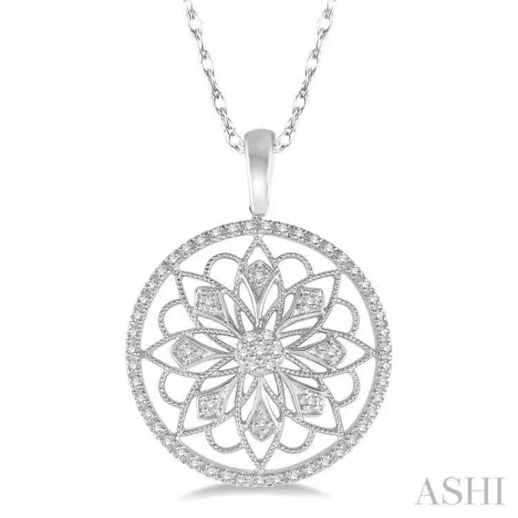 Women’s layered gold necklace-1/5 Ctw Round Cut Diamond Circle Flower Pendant in 10K White Gold with Chain