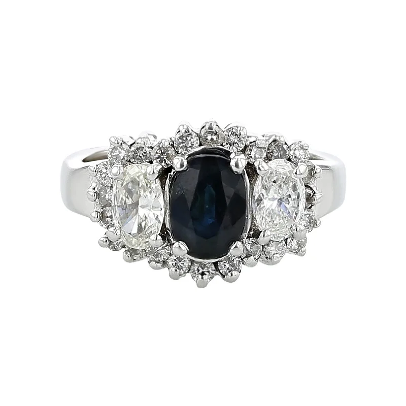 Women’s contemporary engagement ring-14K Oval Sapphire and Diamond 3-Stone Halo Ring