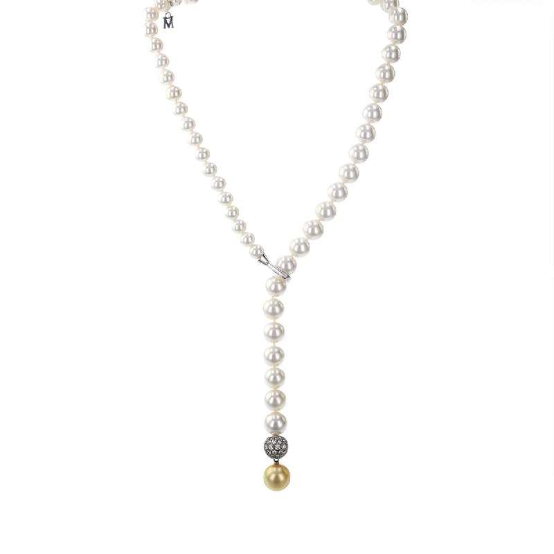 Women’s classic engagement ring-Akoya Pearl Lariat with Diamond Ball and Golden South Sea Pearl