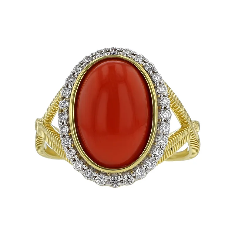 Women’s platinum wedding engagement ring set-18K Yellow Gold Oval Coral and Diamond Halo Ring