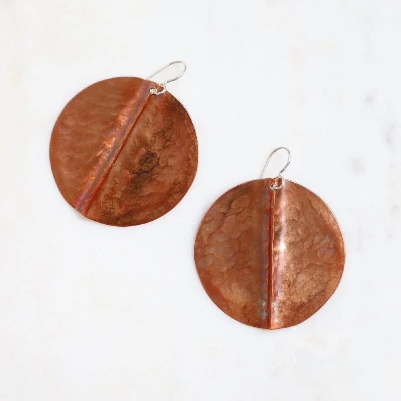 Women’s large hoop earrings-Large Folded Copper Disc Earrings