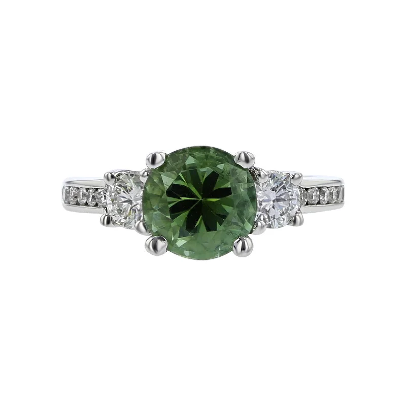 Women’s round engagement ring-14K White Gold Green Tourmaline and Diamonds Ring