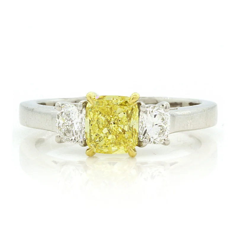 Women’s unique engagement ring-Fancy Intense Yellow Cushion Diamond 3-Stone Ring