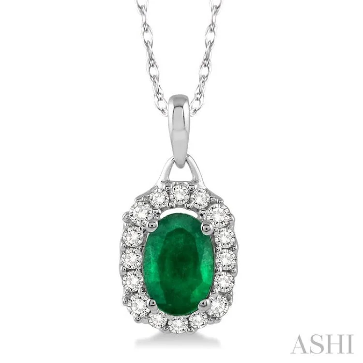 Women’s gold necklace-6x4 MM Oval Cut Emerald and 1/6 Ctw Round Cut Diamond Pendant in 14K White Gold with Chain