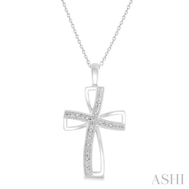 Women’s gold charm necklace-1/50 Ctw Cross Charm Round Cut Diamond Pendant With Chain in Sterling Silver