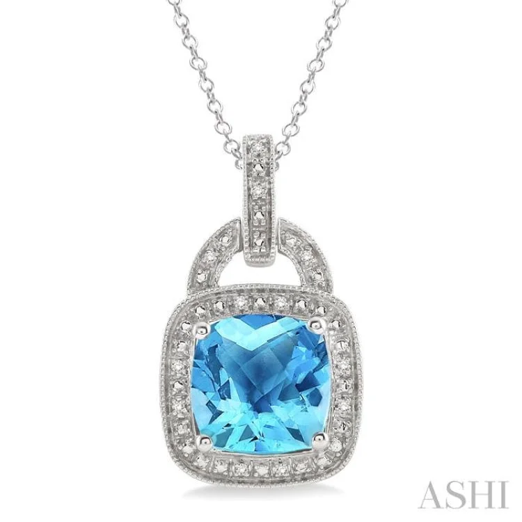 Women’s twisted gold necklace-10x10mm Cushion Cut Blue Topaz and 1/20 Ctw Single Cut Diamond Pendant in Sterling Silver with Chain