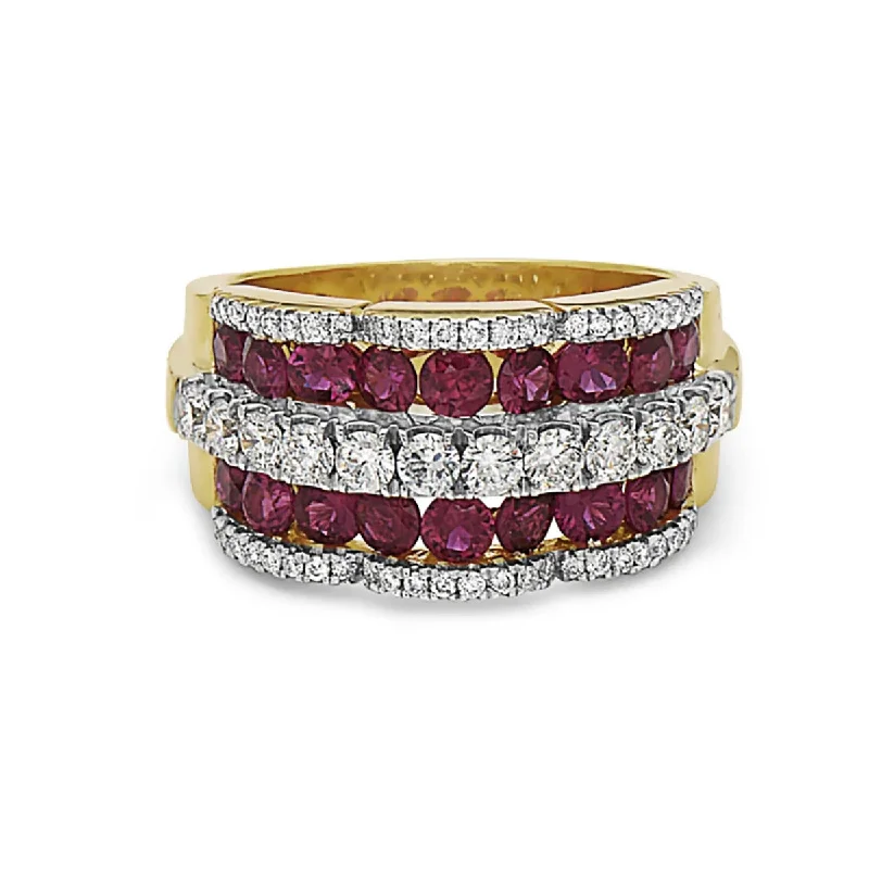 Women’s wedding ring set with engagement ring-Krypell Collection Diamond and Ruby Petal Ring