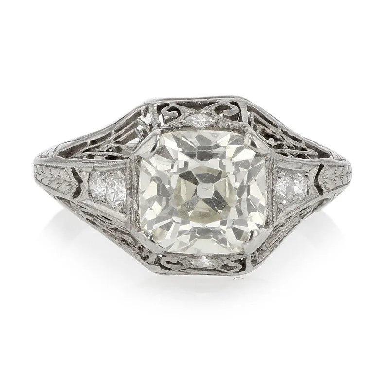 Women’s bridal solitaire engagement ring-Art Deco Platinum Mine-Cut Diamond Filigree Ring