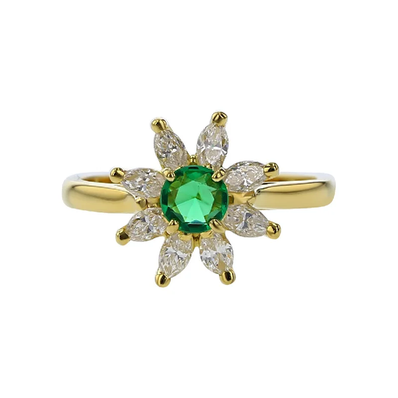 Women’s vintage round diamond engagement ring-Emerald and Marquise Diamond Floral Halo Ring