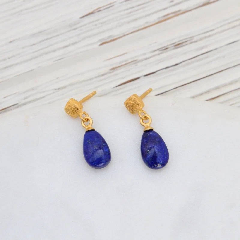 Women’s stud earrings-Gold Cube Lapis Earrings