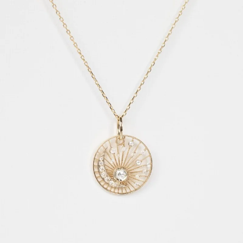 Women’s lotus flower necklace-Grey Diamond Rosecut & Diamond Moon Open Sun Chain Necklace