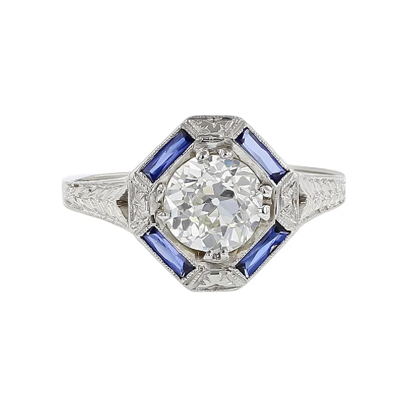 Women’s cushion-cut halo engagement ring-Art Deco Old European-cut Diamond and Sapphire Ring