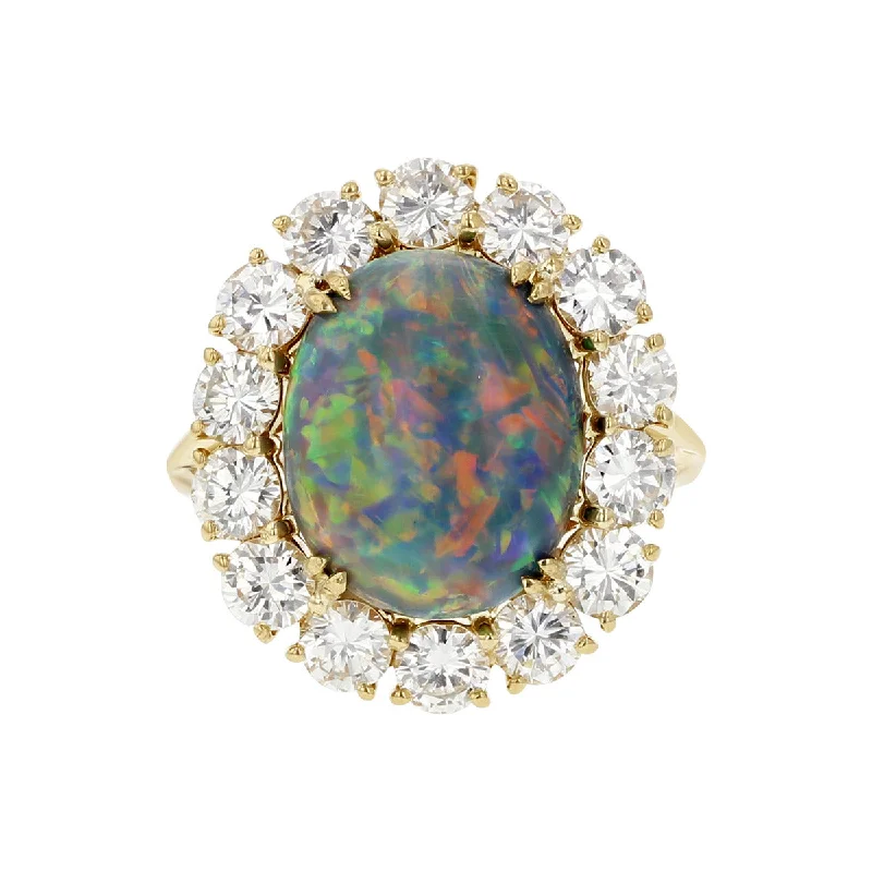 Women’s bridal solitaire engagement ring-French Provincial Black Opal and Diamond Halo Ring