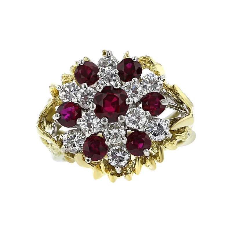 Women’s sparkling diamond engagement ring-18K Yellow Gold Ruby and Diamond Cluster Ring