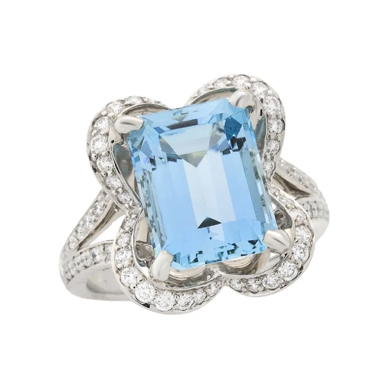 Women’s rose gold solitaire engagement ring-Emerald-cut Aquamarine and Diamond Halo Ring