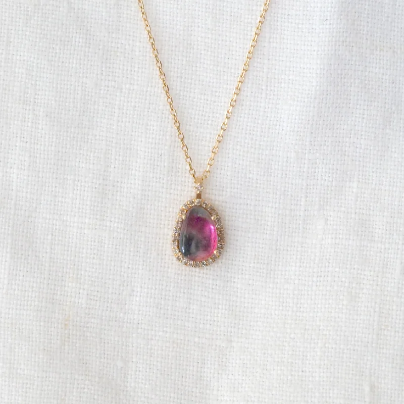 Women’s rose gold pendant necklace-WATERMELON TOURMALINE AND DIAMOND STELLA CHAIN NECKLACE