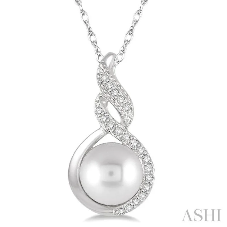 Women’s charm necklace-1/20 Ctw Round Cut Diamond Twisted 7MM Cultured Pearl Accented Pendant in 10K White Gold with chain