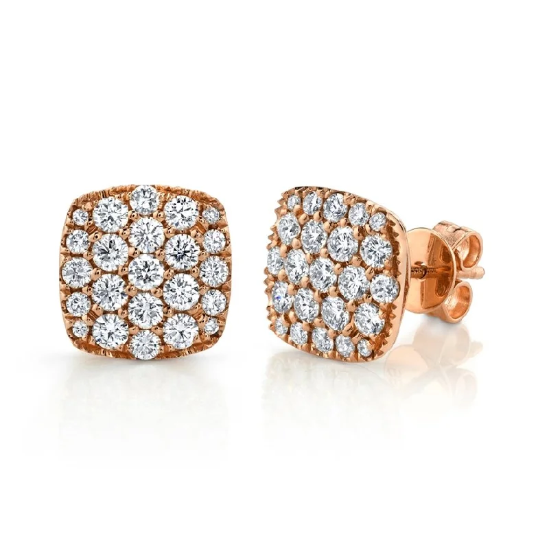 Women’s luxury gold earrings-14KT GOLD 1.10 CTW DIAMOND PAVE CUSHION STUD EARRINGS