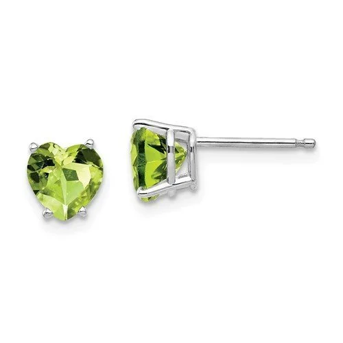 Women’s birthstone earrings-14KT WHITE GOLD 1.90 CTW HEART PERIDOT EARRINGS