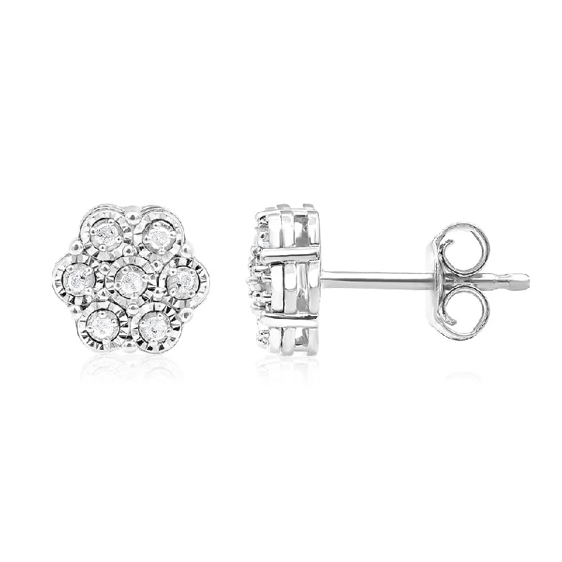 Women’s simple stud earrings-Sterling Silver 1/10 Carat Diamond Flower Shaped Stud Earrings