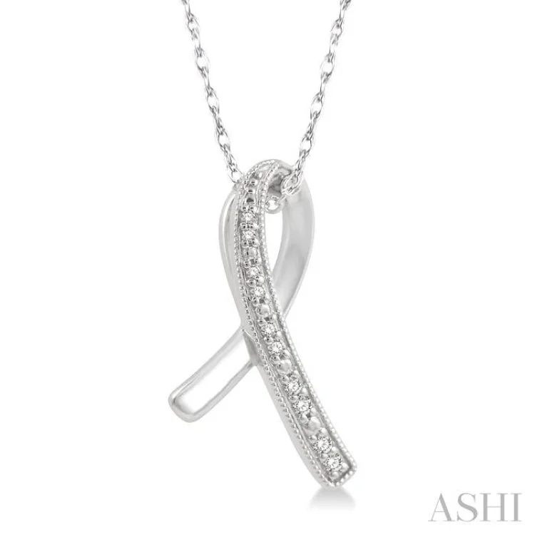 Women’s platinum necklace-1/20 Ctw Round Cut Diamond Awareness Ribbon Pendant With Chain in 10K White Gold