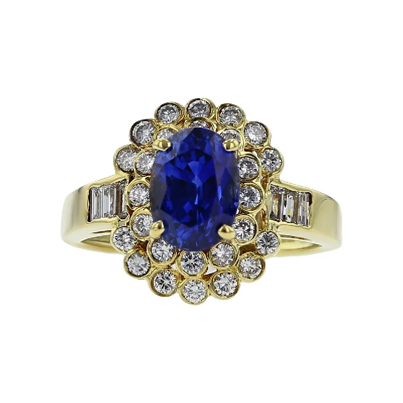 Women’s three-stone sapphire engagement ring-14K Yellow Gold Sapphire and Diamond Halo Ring