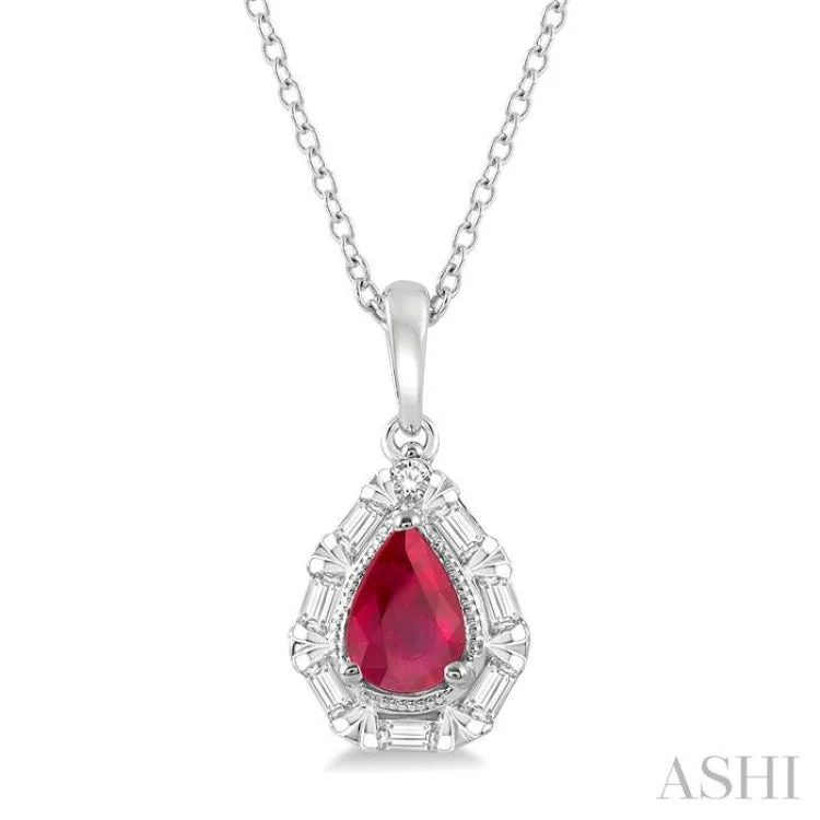 Women’s sparkling necklace-1/5 Ctw Pear Shape 6x4MM Ruby, Baguette and Round Cut Diamond Precious Pendant With Chain in 14K White Gold