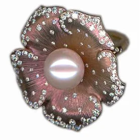 Women’s rose gold engagement ring-Freshwater Pearl & Diamond Flower Ring