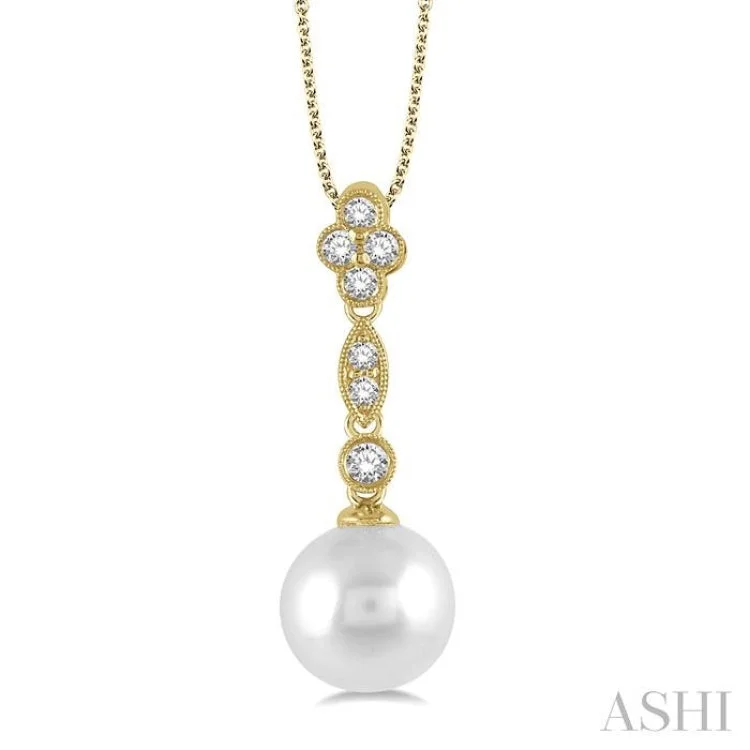 Women’s bridal necklace-8MM Cultured Pearl and 1/6 ctw Floral Dangler Round Cut Diamond Pendant With Chain in 14K Yellow Gold