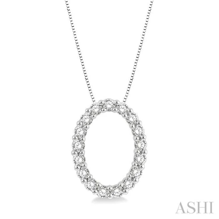 Women’s lotus flower necklace-1/4 Ctw Oval Shape Window Round Cut Diamond Pendant With Chain in 14K White Gold