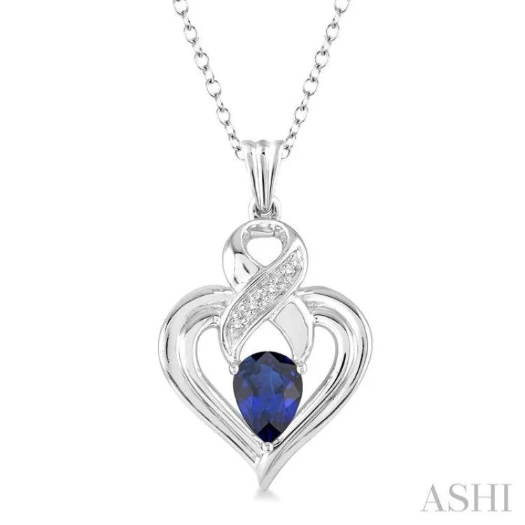 Women’s three-layer necklace-6x4 mm Pear Shape Sapphire and 1/50 Ctw Single Cut Diamond Pendant in Sterling Silver with Chain