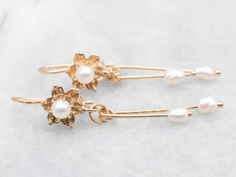 Women’s hoop stud earrings-Gold Floral and Pearl Drop Earrings with Rice Pearl Drops