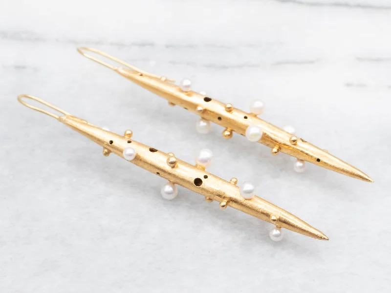 Women’s gemstone earrings-Brushed Gold and Pearl Drop Earrings