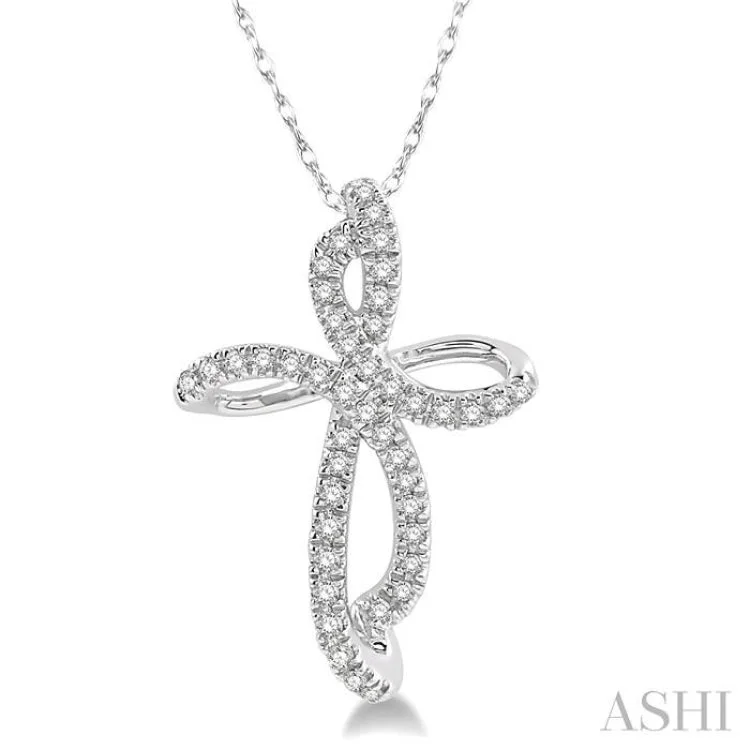 Women’s lotus flower necklace-1/6 Ctw Twirl Pattern Cross Round Cut Diamond Pendant With Link Chain in 10K White Gold