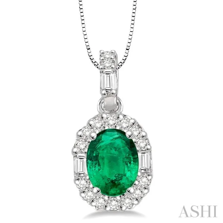 Women’s sleek necklace-6x4 MM Oval Shape Emerald and 1/4 Ctw Diamond Pendant in 14K White Gold with Chain