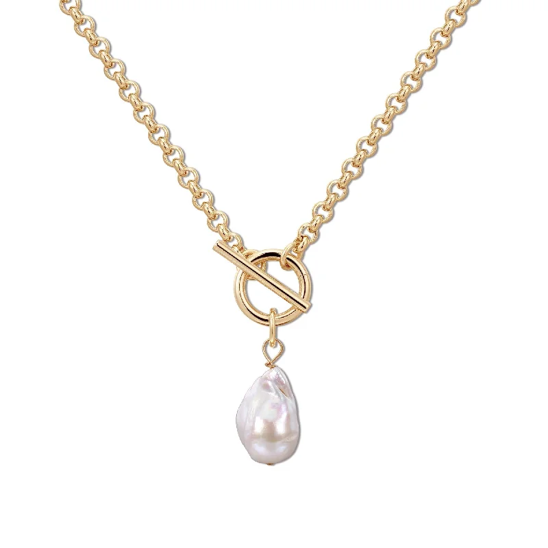 Women’s zodiac pendant necklace-Micro Royal Toggle & Xl Baroque Pearl Pendant Necklace