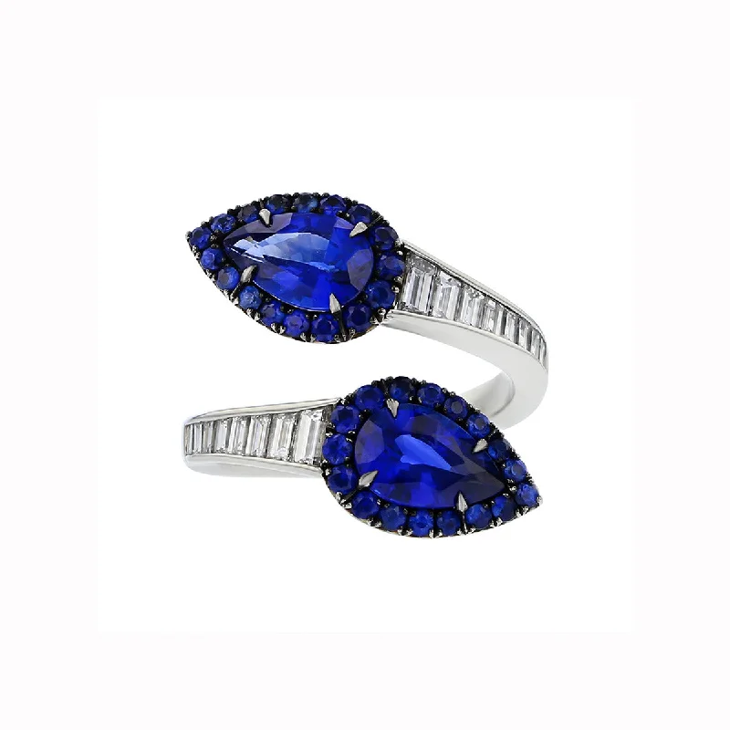 Women’s halo engagement ring with diamonds-Blue Sapphire and Diamond Dore Bypass Ring