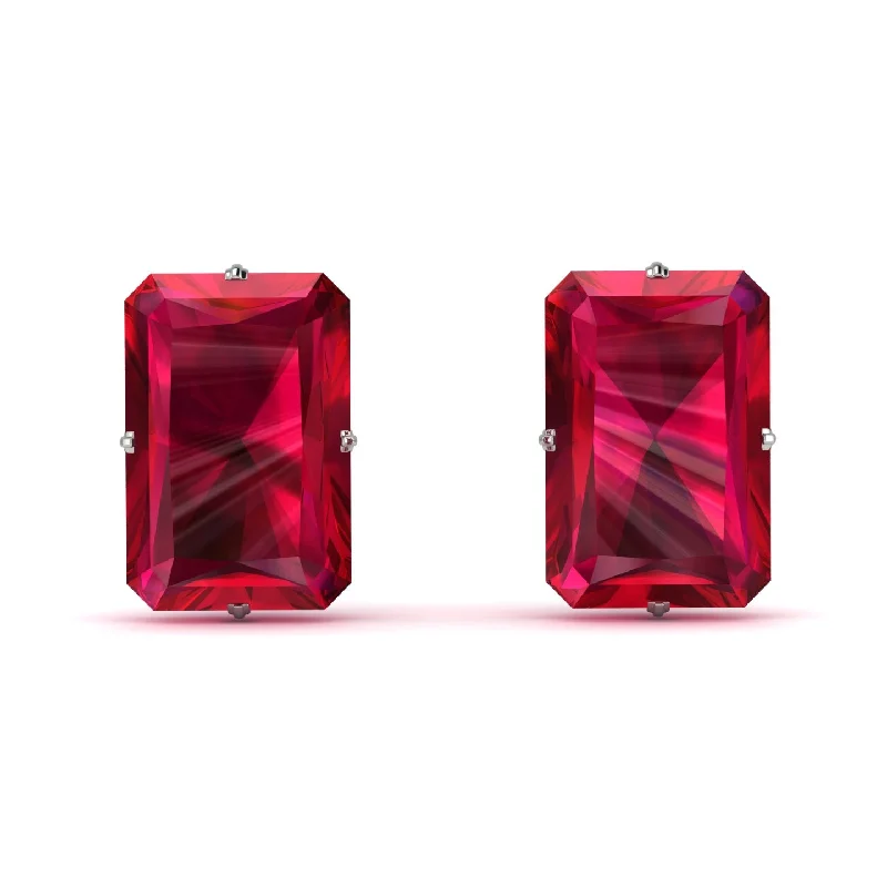 Women’s textured earrings-Hidden Halo Emerald Cut Ruby Earrings  - Vanessa No. 57