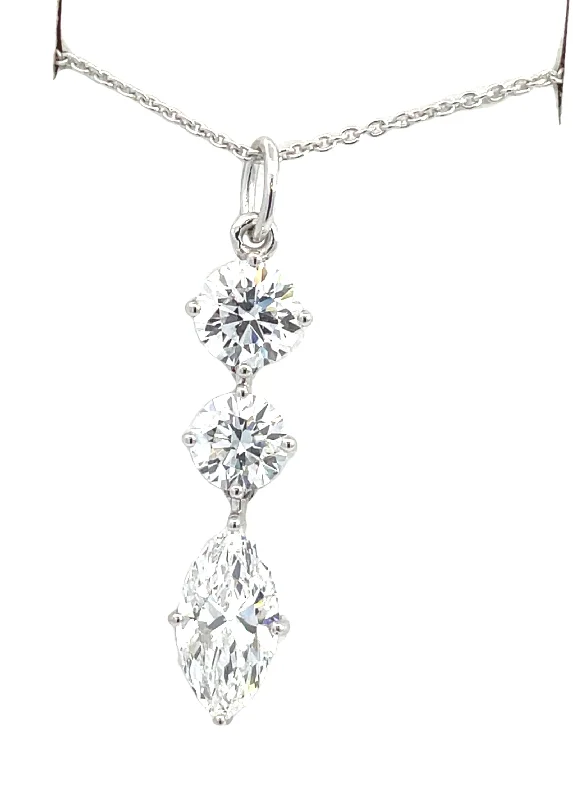 Women’s silver-plated necklace-LAB GROWN ROUND & MARQUISE DIAMONDS 3.17CTW THREE STONE PENDANT