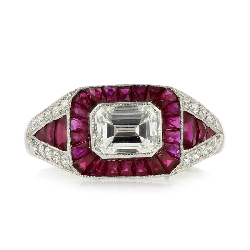 Women’s halo diamond engagement ring-Emerald-Cut Diamond and Ruby Platinum Ring