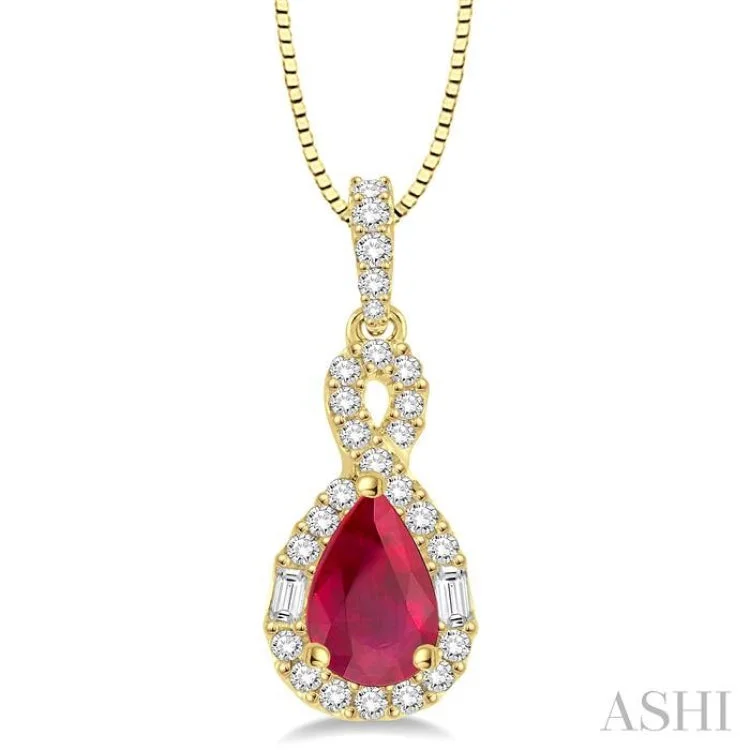 Women’s long necklace-7x5 MM Pear Shape Ruby and 1/3 Ctw Diamond Pendant in 14K Yellow Gold with Chain