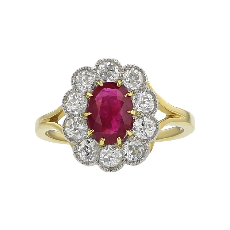 Women’s unique three-stone engagement ring-Edwardian 18K Gold Ruby and Diamond Halo Ring