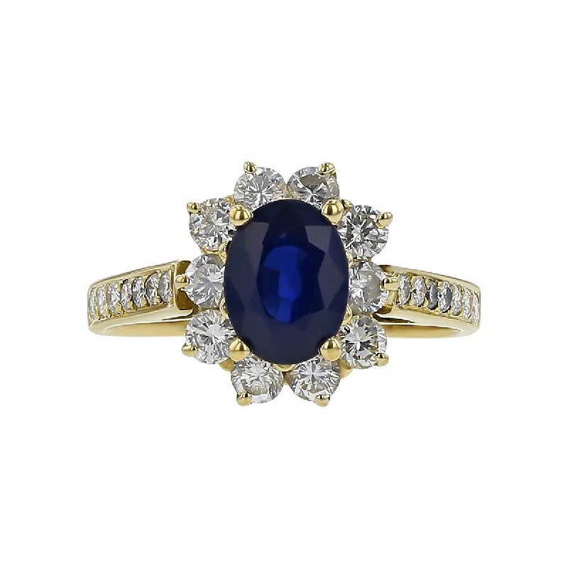 Women’s elegant diamond engagement ring-18K Yellow Gold Sapphire and Diamond Halo Ring