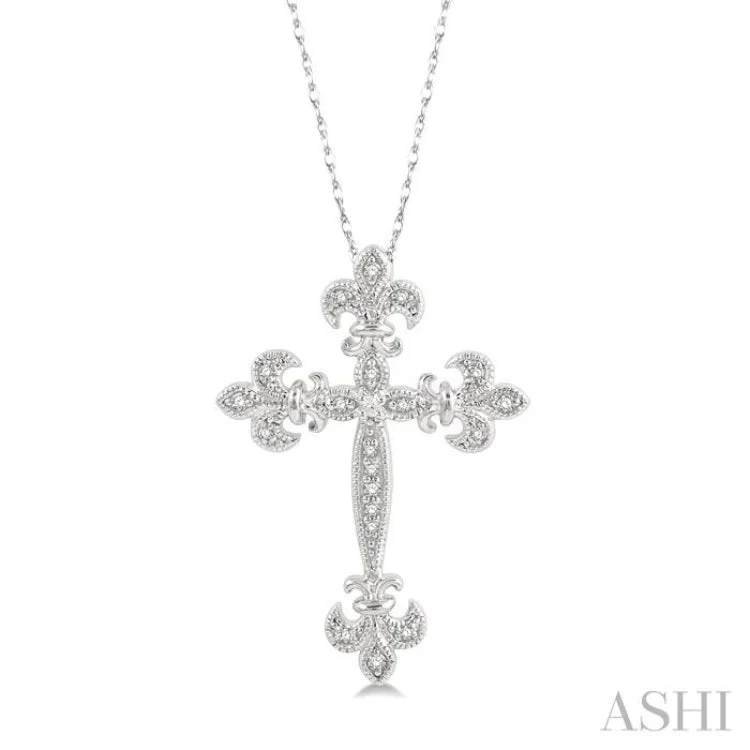 Women’s abstract necklace-1/10 Ctw Fleur De Lis Round Cut Diamond Cross Pendant With Chain in 10K White Gold