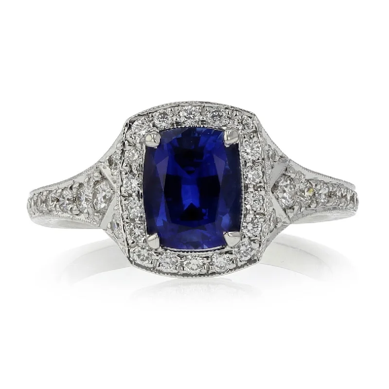 Women’s engraved engagement ring-Josephine Sapphire and Diamond Halo Ring