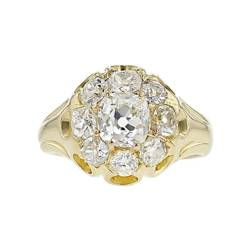 Women’s custom-cut engagement ring-Edwardian 18K Yellow Gold Diamond Cluster Ring