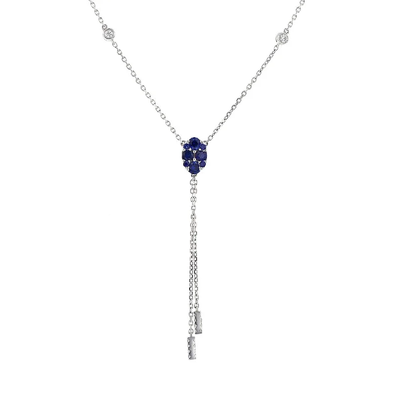 Women’s diamond-accented engagement ring-Blue Sapphire and Diamond Lariat in 18K White Gold