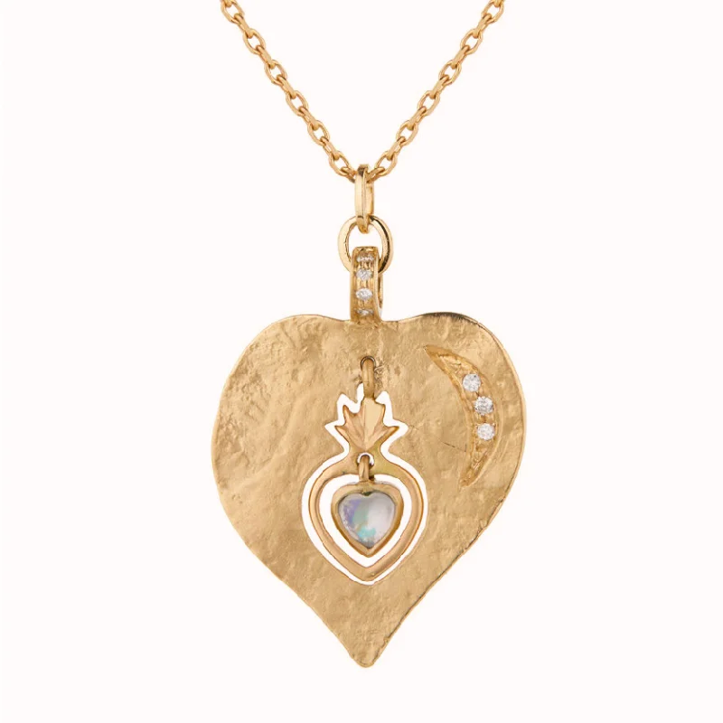 Women’s gold necklace-TWIN FLAME MEDAL & DANGLING HEART MOONSTONE NECKLACE